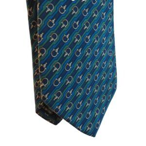 VINTAGE GUCCI 100% Silk Horsebit Neck Tie Classic Old Money Blue Green Designer